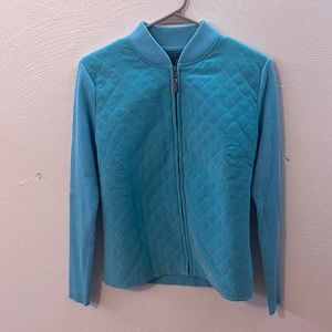 J McLaughlin Turquoise Blue Corduroy Quilted Zip Front Sweater Jacket Medium
